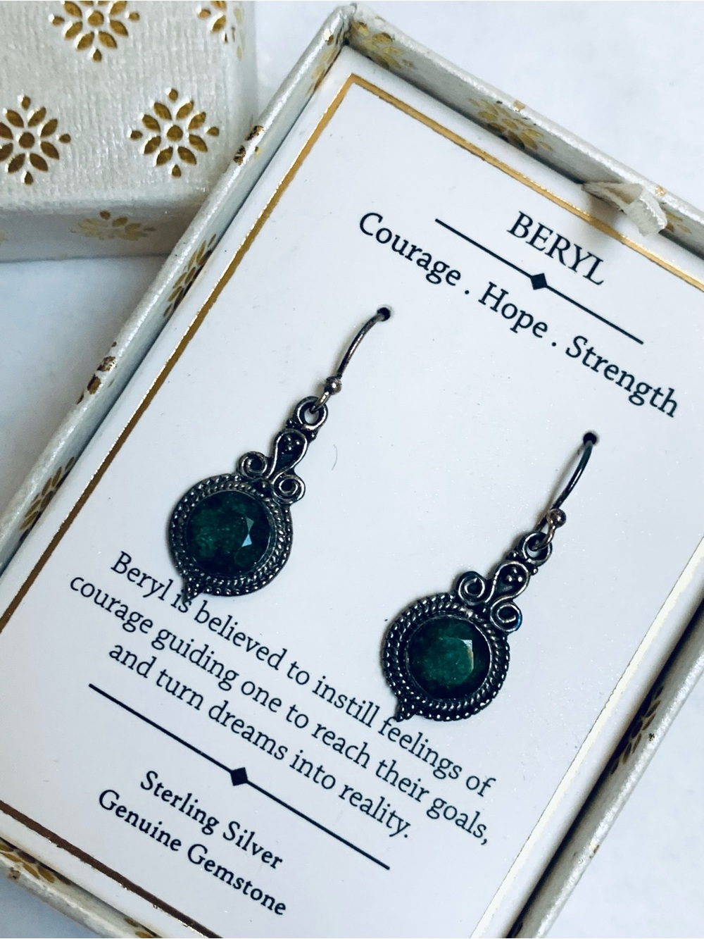 NEW SHIVAM Beryl STERLING SILVER BERYL green GENUINE DROP EARRINGS courage
